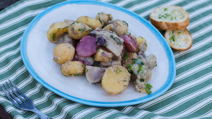 boiled potato salad with sour cream on the table in a plate