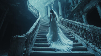 Ethereal Ghostly Bride on a Creepily Abandoned Luxury Staircase for a Mysterious and Atmospheric Horror Scene