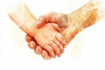 Fototapeta premium A child and parent's hands clasped together, sweet and emotional, soft watercolor illustration style, set against a white background