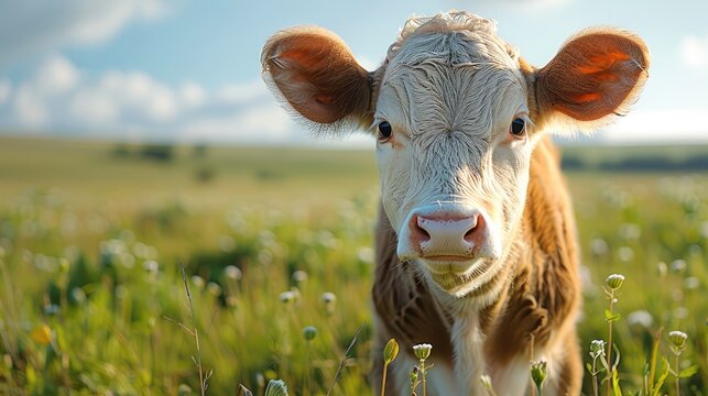 A healthy, beautiful cow standing in the lush green fields.