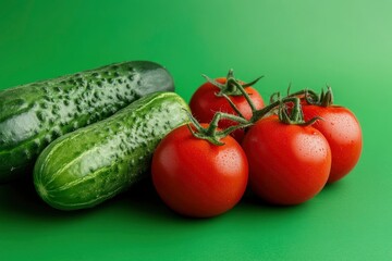 the freshest cucumbers and tomatoes for salad on a green background , ai