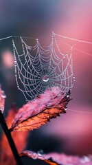 A delicate spider web adorned with dew drops, capturing the beauty of nature on an autumn leaf.