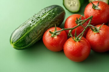 the freshest cucumbers and tomatoes for salad on a green background , ai
