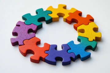 A circle of multicolored, interlocking puzzle pieces, each representing different people coming together to form a unified whole, symbolizing inclusion and belonging