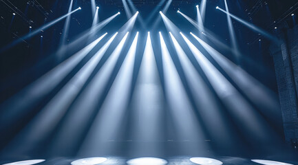 Stage lighting beams, Empty concert stage with illuminated spotlights and smoke.