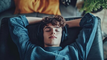 Fototapeta premium Teen man Enjoying Music for Relaxation at Home