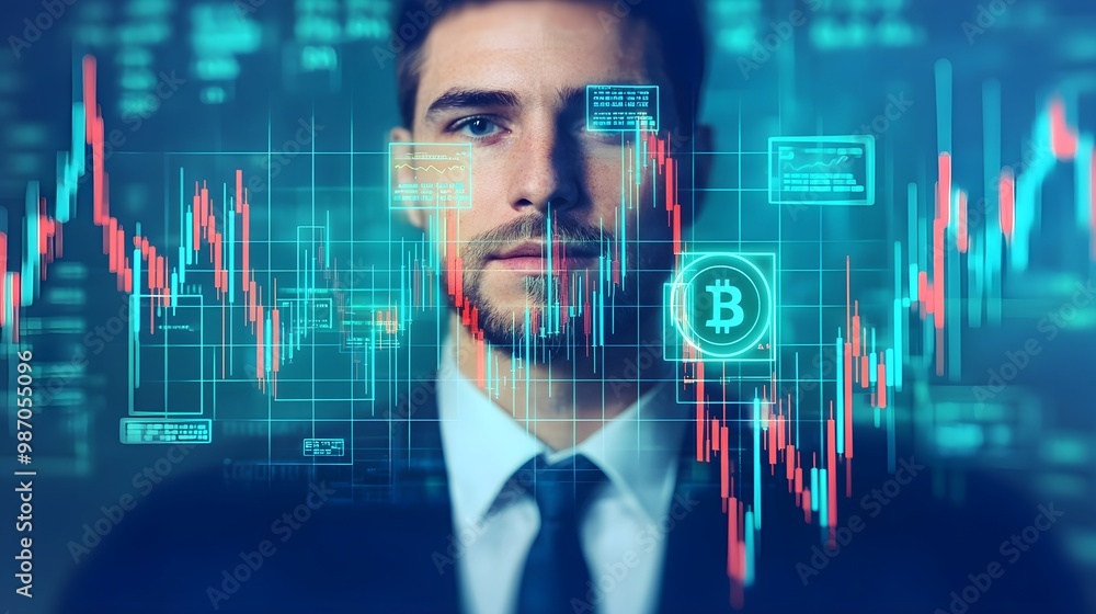 Aufkleber bitcoin trader analyzing cryptocurrency market