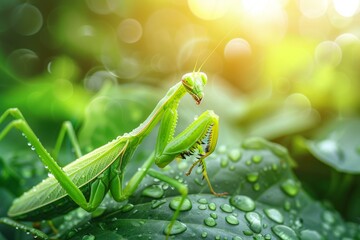 A green praying mantis on a leaf. AI.