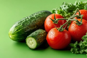 the freshest cucumbers and tomatoes for salad on a green background , ai