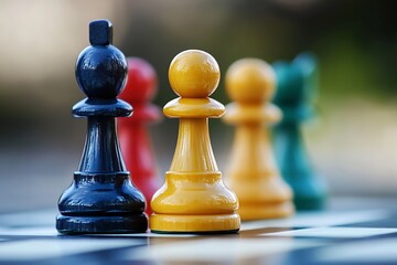 Close-up of chess pieces on a chessboard, with a focus on the yellow pawn in the foreground.