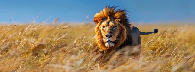 A majestic lion, its mane flowing in the wind as it walks through tall grass. Highly detailed wide angle photo of a male lion with a beautiful mohawk hairstyle
