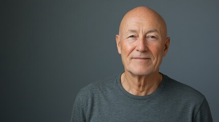Obraz premium Confident senior man smiling in gray shirt against plain background
