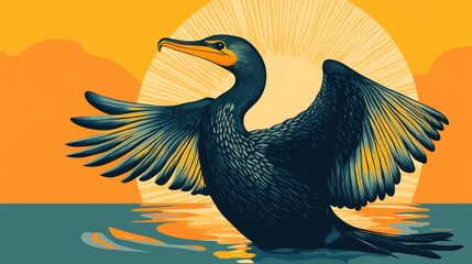 Obraz premium Cartoon-style cormorant sunbathing with wings outstretched, using a complementary color scheme.