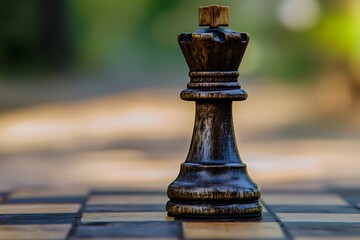 A black chess queen piece standing on a chessboard with a blurred background.