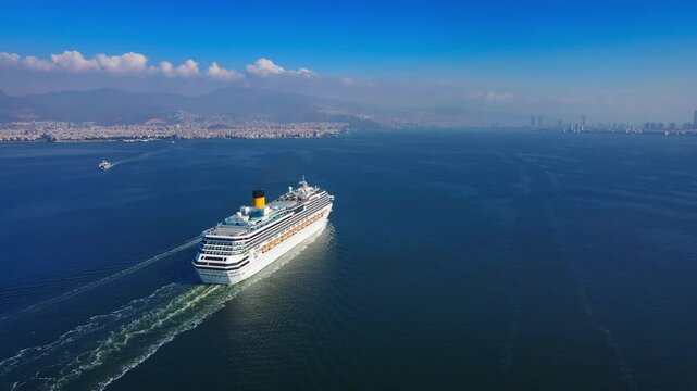 Cruise ship sailing across sea, Aerial, white cruise liner in a sunny day. Luxury cruise in the ocean sea concept tourism travel