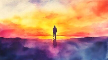 Obraz premium Watercolor Sunrise Silhouette of Leader on Horizon,Symbolizing New Beginnings and Leadership