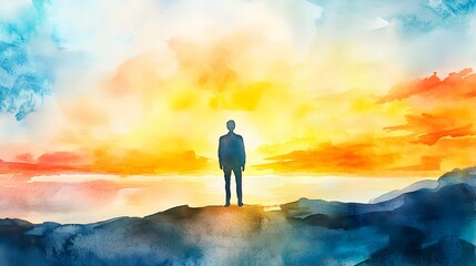 Obraz premium Watercolor Sunrise Silhouette of Leader Figure on Horizon Symbolizing New Beginnings and Leadership
