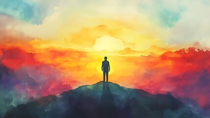 Fototapeta premium Watercolor Sunrise with Silhouette of Inspiring Leader on the Horizon