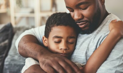 Fototapeta premium A father and son share a tender embrace. AI.