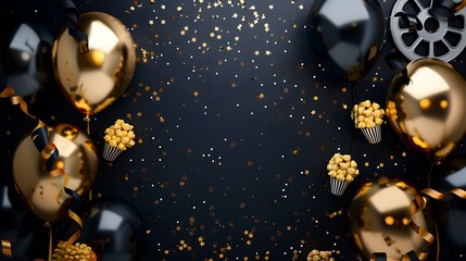 Make your movie night memorable with unique black and gold balloons in the shapes of film reels and popcorn leaving a playful space for sharing exciting announcements and details