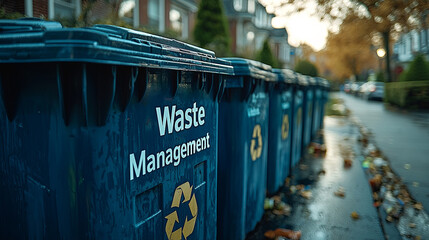 Blue recycling bins lined up for waste management on a residential street