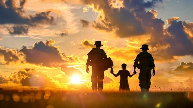 Military family walking towards sunset holding hands