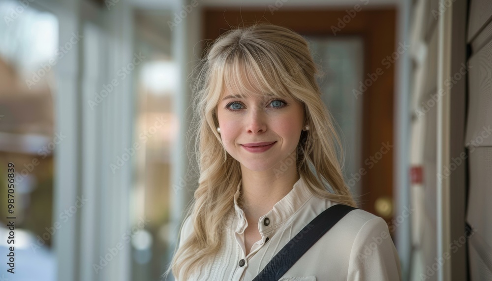 Poster A woman with long blonde hair smiles at the camera. AI.