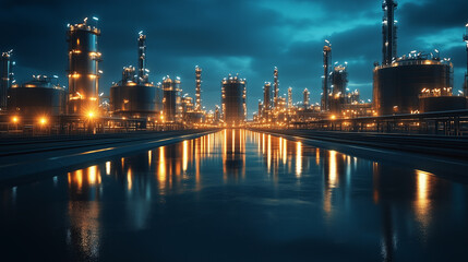 Fototapeta premium A stunning industrial landscape at night, showcasing illuminated oil refineries and storage tanks reflecting on water. scene captures essence of modern industry and energy production.