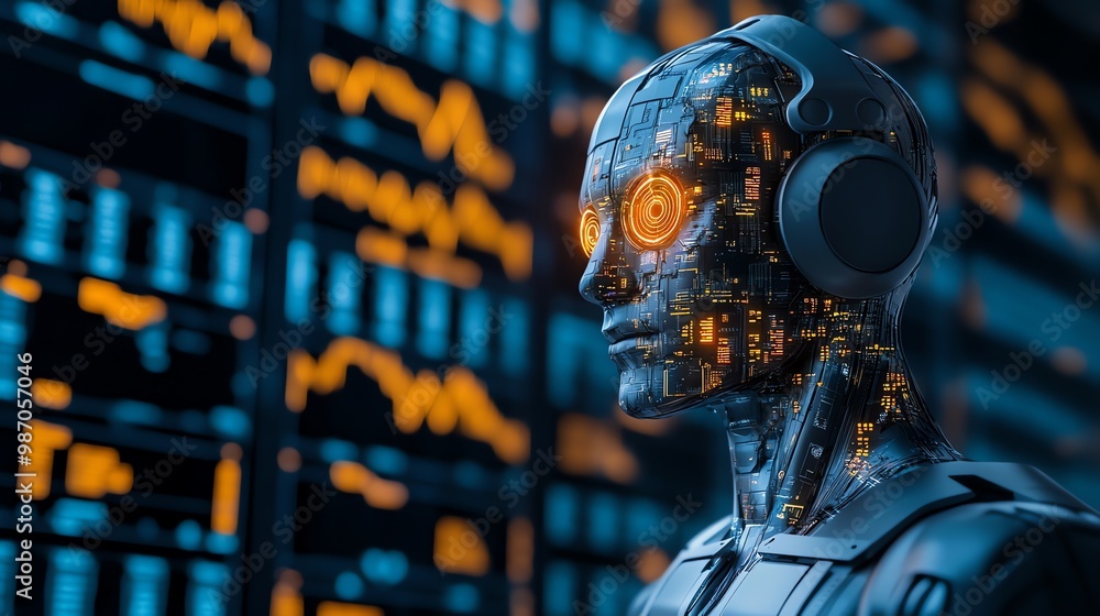Aufkleber a close-up of a futuristic robot with a glowing circuit board and headphones, set against a blurred 