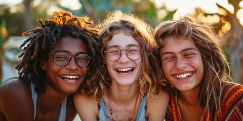 Fototapeta premium Three friends laughing together. AI.
