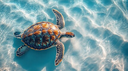 Fototapeta premium A sea turtle swims in clear turquoise water.