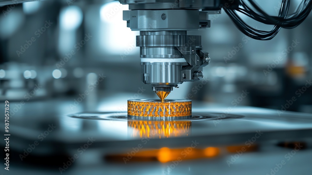 Poster a close-up of a robotic arm with a precision tool poised over a circular object, reflecting orange l