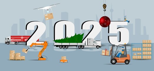 New Year's bustle for the delivery of New Year's goods in the New Year 2025. Warehouse, logistics, delivery.