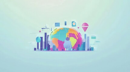 Obraz premium A colorful illustration of a globe surrounded by skyscrapers and digital icons representing global connectivity.