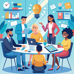 wide shot of a multiethnic group of people discussing in a meeting room at office. businesspeople making creative decisions for their startup and discussing options, vector art vector illustration.