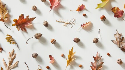 Assorted autumn leaves and acorns scattered on a light background
