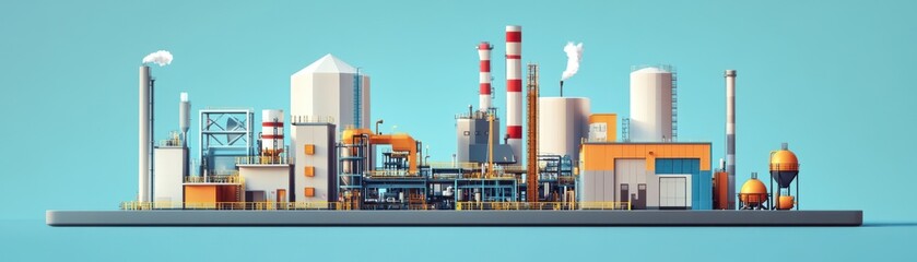 Obraz premium A colorful industrial facility illustration with various structures and pipes, depicting modern manufacturing processes.