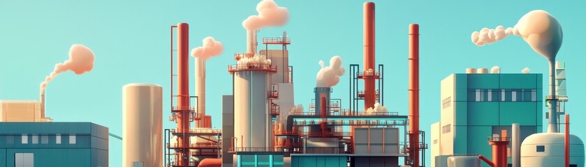 Obraz premium A colorful industrial landscape featuring smokestacks and factories against a bright blue sky, symbolizing modern manufacturing.