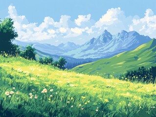 Vibrant green meadow with mountains backdrop