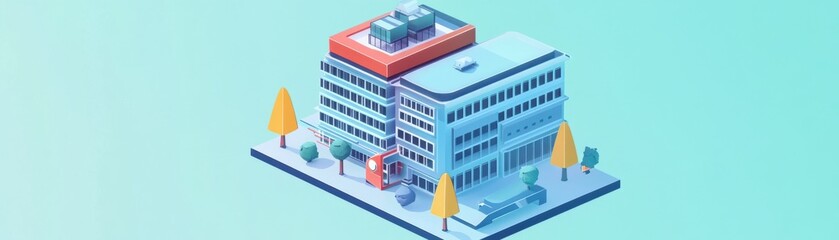 A modern city building illustration featuring lush trees and a vibrant background, perfect for urban design projects.