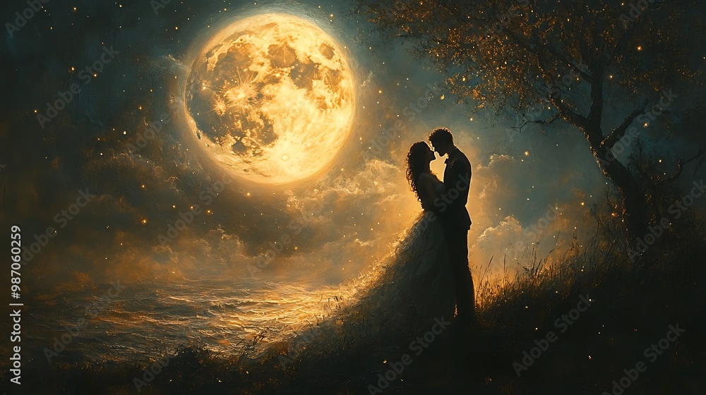 Wall mural a couple embraces under a full moon, silhouetted against the night sky.