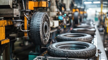 Fototapeta premium A detailed look at the manufacturing process of car tires, from raw materials to final product, with industrial machinery in the background.