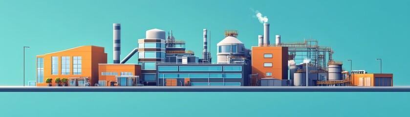 Obraz premium A modern factory illustration showcasing industrial architecture, equipment, and vibrant colors against a clear backdrop.