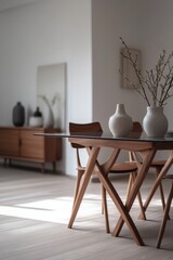 Modern, minimalistic dining room featuring wooden furniture and simple decor with natural lighting creating a serene atmosphere.