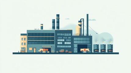 Fototapeta premium A modern industrial factory scene with smokestacks, vehicles, and machinery, showcasing technology and manufacturing processes.