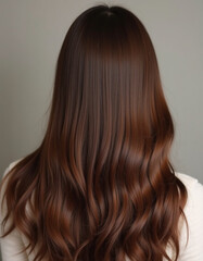 Naklejka premium A person with long, wavy brown hair is turned away, showcasing the beautiful waves and shine. Neutral background that highlights hair texture. Hair care, the effect of cosmetics Generative AI