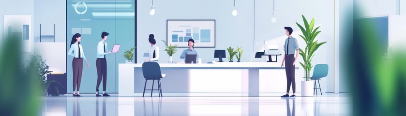 A modern office reception with professionals interacting in a stylish space, showcasing teamwork and collaboration.