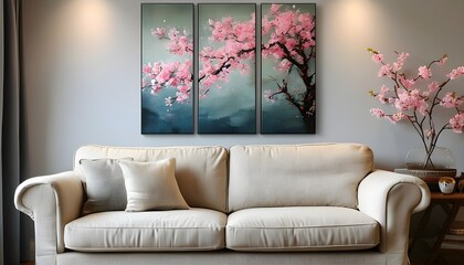 Elegant Cherry Blossom Triptych Art Displayed Above Cozy Sofa