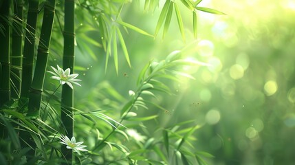 Fototapeta premium A serene garden scene featuring bamboo with a fuzzy background and foreground, enhanced by bokeh effects. The composition includes various elements such as clover, daisies, dandelions