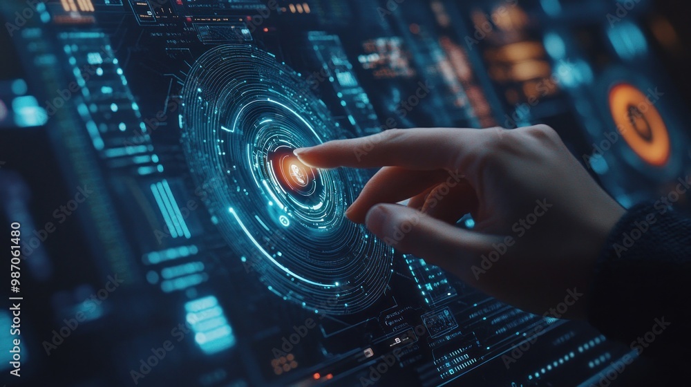 Poster person touching virtual shield, secure access, encrypted connection. password protected system and s